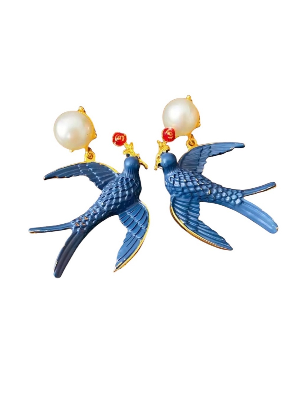 Blue Swallow Pearl Drop Earrings Statement Gold